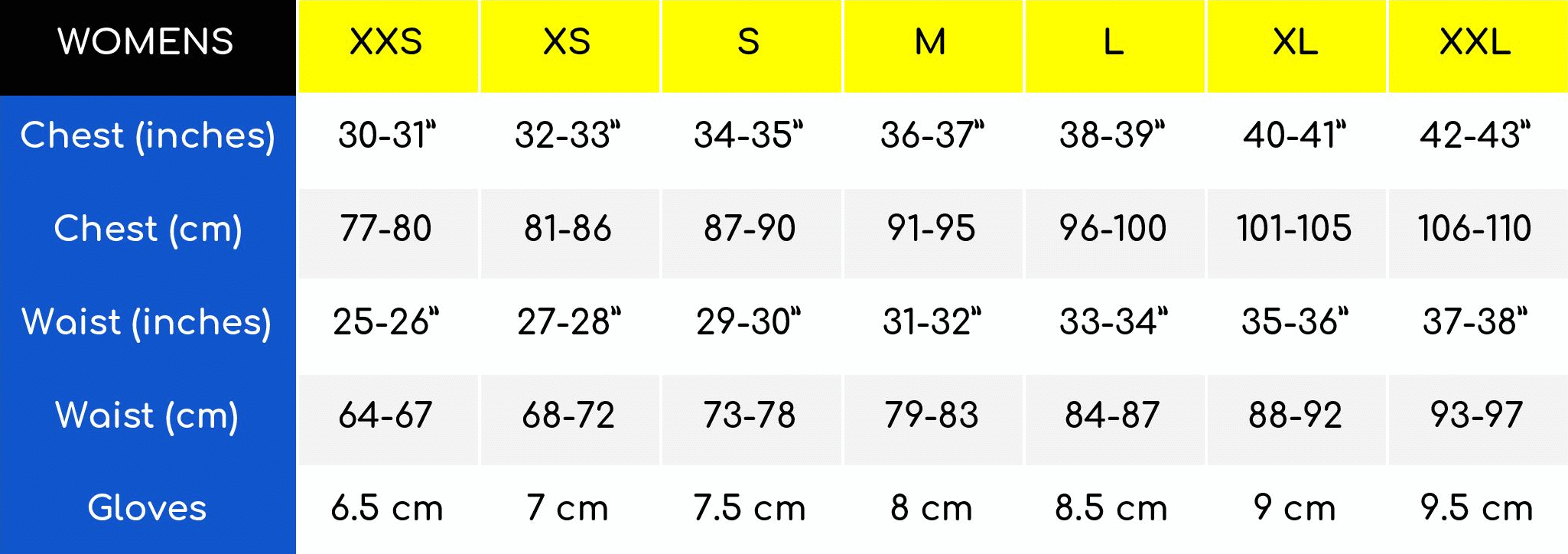 BL Womens Size Chart